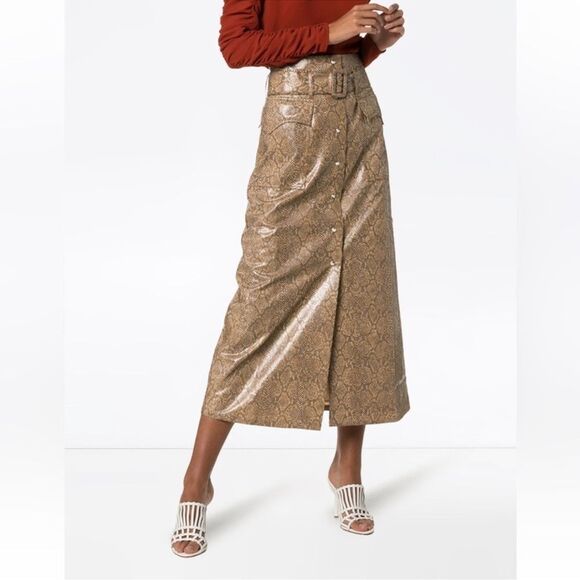 Nanushka Women's Aarohi Brown Snakeskin Midi Skirt Sz Medium Button Snaps Animal - Picture 3 of 12